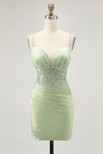 Corset satin matcha serré Homecoming Dress avec appliques